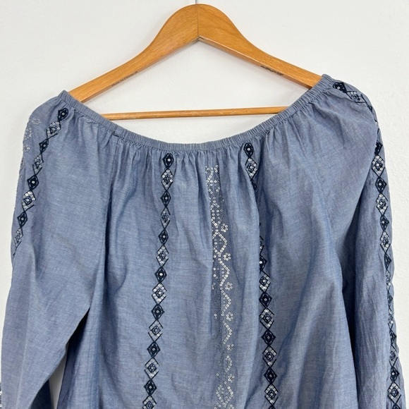Chico’s 100% Cotton Chambray Embroidered Sequins Coastal Long Sleeves Size 2 - Picture 8 of 16